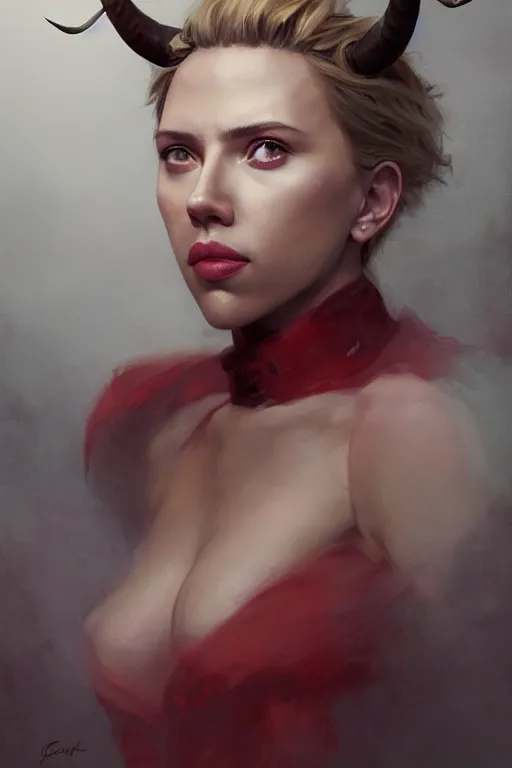 Image similar to a fancy portrait of a Scarlett Johansson with horns by Greg Rutkowski, Sung Choi, Mitchell Mohrhauser, Maciej Kuciara, Johnson Ting, Maxim Verehin, Peter Konig, final fantasy , mythical, 8k photorealistic, cinematic lighting, HD, high details, atmospheric,