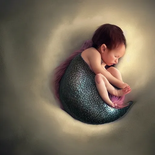 Prompt: a baby mermaid sleeping in an cracked egg, ultrarealistic, dramatic lighting, high details, 4 k, 8 k, best, accurate, trending on artstation, artstation, photorealism, ultrarealistic, digital painting, style of anne geddes