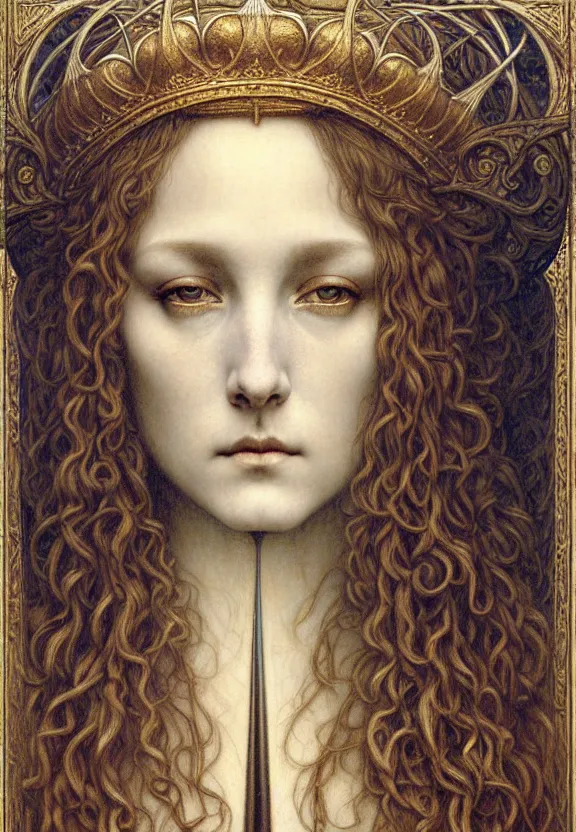 Image similar to detailed realistic beautiful young medieval queen face portrait by jean delville, gustave dore and marco mazzoni, art nouveau, symbolist, visionary, gothic, pre - raphaelite. horizontal symmetry