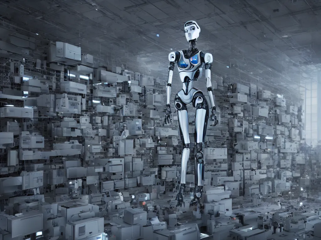 Image similar to a tall female robot guarding a wall of computers, confident, moody, dramatic, introspective, 8 k, octane render, photorealistic, hyper detailed, perfect lighting