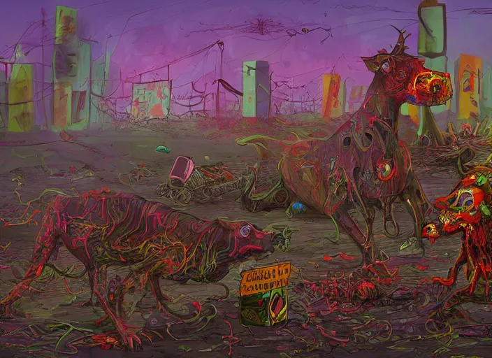 Image similar to a bad psychedelic trip, cows falling onto pits of fire, crows perched on a barbed wire fence, smog and abandoned vehicles litter the streets, zombified creatures walk the earth, digital painting masterpiece, trending on artstation and pixiv