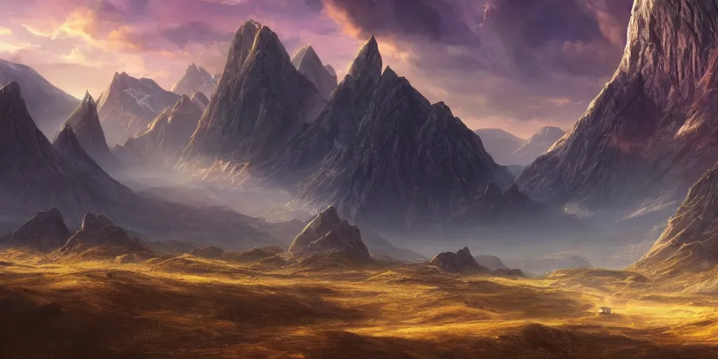 Prompt: The sci-fi landscape with mountains in the background, Sci-Fi fantasy desktop wallpaper, painted, 4k, high detail, sharp focus, wide angle, cinematic composition
