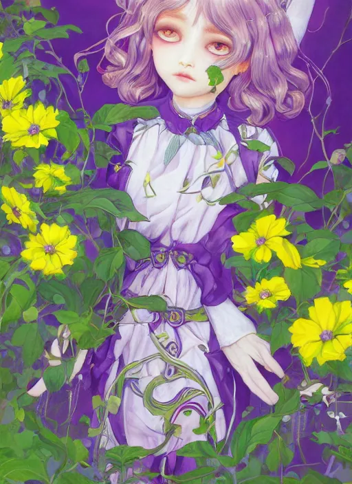 Image similar to elf girl, flower suit, soft hair. light color palate, purple, yellow and white. detailed soft painting, ayami kojima, made in abyss, anatomically correct, ilya kuvshinov, inspired in balthus, high detailed face anime, vogue magazine, glorious composition, mobile wallpaper