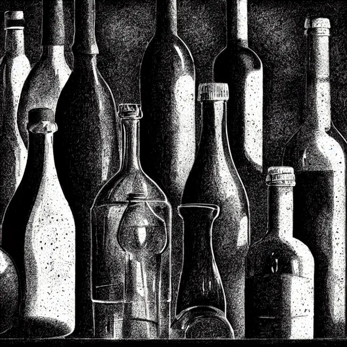 Prompt: extreme close - up on a table : poor quality bottles of different shapes and tones, fruits. background : black tiles on walls. black and white, pencil and ink. by gabriel hardman, joe alves, chris bonura. cinematic atmosphere, detailed and intricate, perfect anatomy