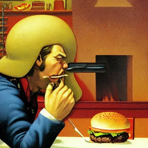 Prompt: a hamburger smoking a cigarette, high detail, fantasy illustration by angus mcbride