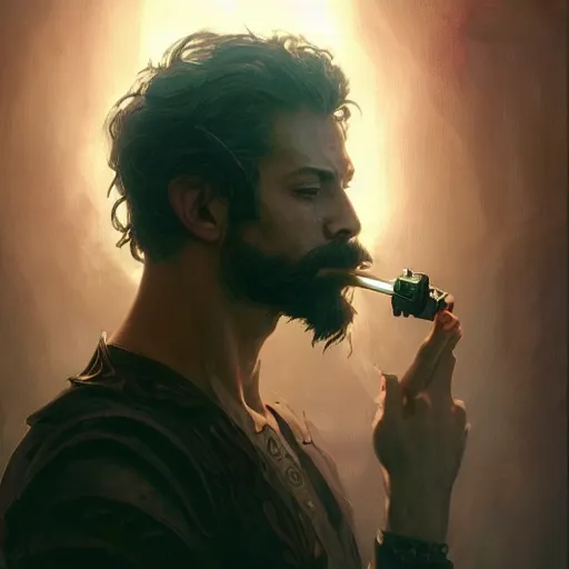 Prompt: a man vaping , D&D, fantasy, intricate, cinematic lighting, highly detailed, digital painting, artstation, concept art, smooth, sharp focus, illustration, art by Artgerm and Greg Rutkowski and Alphonse Mucha