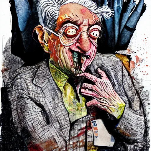 Image similar to George Soros full body shot, dollar bills Body horror, biopunk, by Ralph Steadman, Francis Bacon, Hunter S Thompson