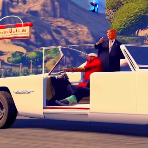 Image similar to the dalli lama and Donald Trump cruising in a convertible low rider in GTA 5 4k ultra high quality