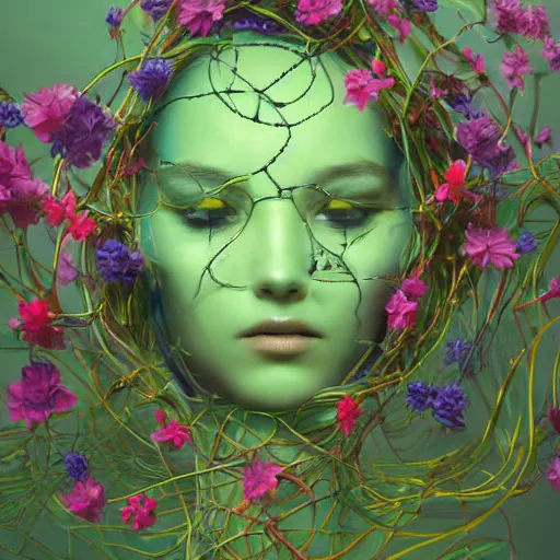 Image similar to colourful vfx art - portrait of aremy mech robot wrapped in flowers & vines, art by hsiao - ron cheng & james jean, volumetric light, ray tracing, sharp, detailed, digital painting, illustration, highly detailed, intricate detail, unreal engine, octane render, pinterest, behance, art station,