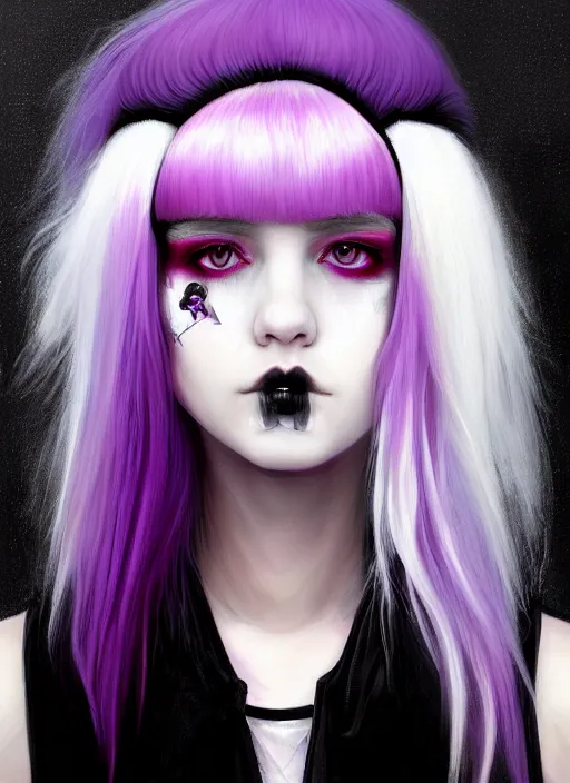 Image similar to portrait of white teenage girl, normal face, white bangs, mall goth, cyberlox, black and white hair, bangs, fluffy bangs, red contact lenses, purple lipstick, intricate, elegant, highly detailed, digital painting, artstation, concept art, sharp focus, smooth, illustration, art by wlop, mars ravelo and greg rutkowski