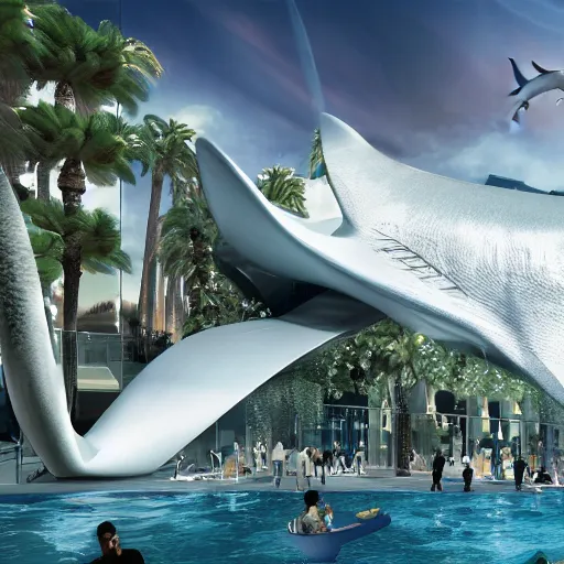 Prompt: shark museum architectural design by zaha hadid located on vegas strip with architectural waterfall highly detailed 4 k octane render highly detailed