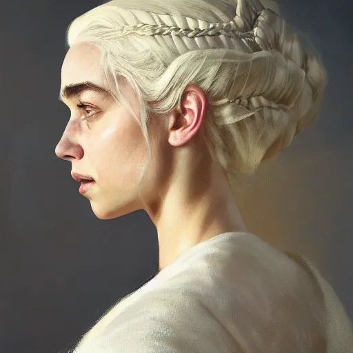 Prompt: daenerys targaryen side view, profile, dark background, soft light, by jeremy lipking, joseph todorovitch, serge marshennikov