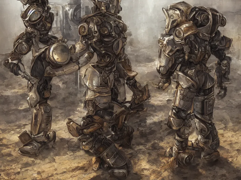 Image similar to one futuristic female paladin in rusty power armor kneeling, post - apocalyptic, fallout game style, highly detailed painting