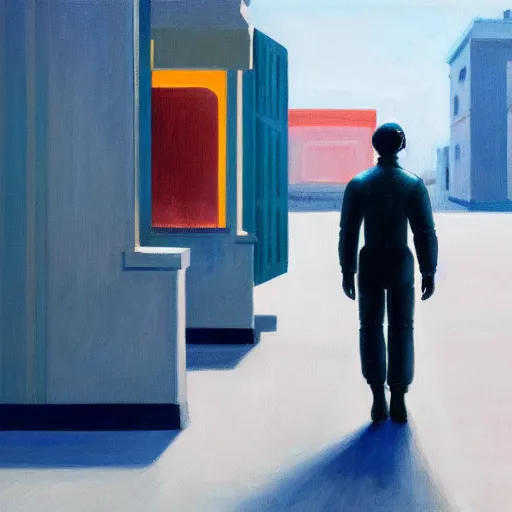 Image similar to o portrait of an astronaut walking down a lonely street, in the style of Edward Hopper, 4k,