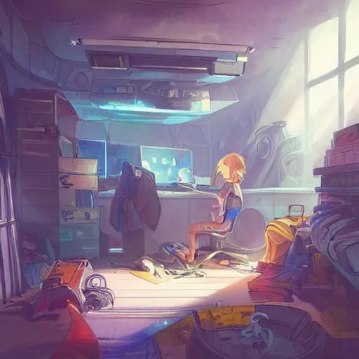 Prompt: detailed room in the sewer lair The room is a clutter if clothes and a bunkbed with space posters everywhere,soft,light,bright,epic,awesome,digital art, by Rossdraws and Greg rutkowski