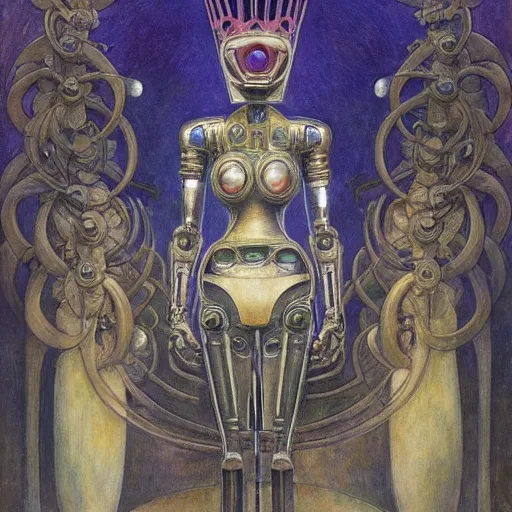 Prompt: the masked robot queen wearing the plasma crown, by Annie Swynnerton and Diego Rivera and Elihu Vedder, symbolist, dramatic lighting, elaborate geometric ornament, Art Brut, soft cool colors,smooth, sharp focus, extremely detailed, Adolf Wölfli and Donato Giancola