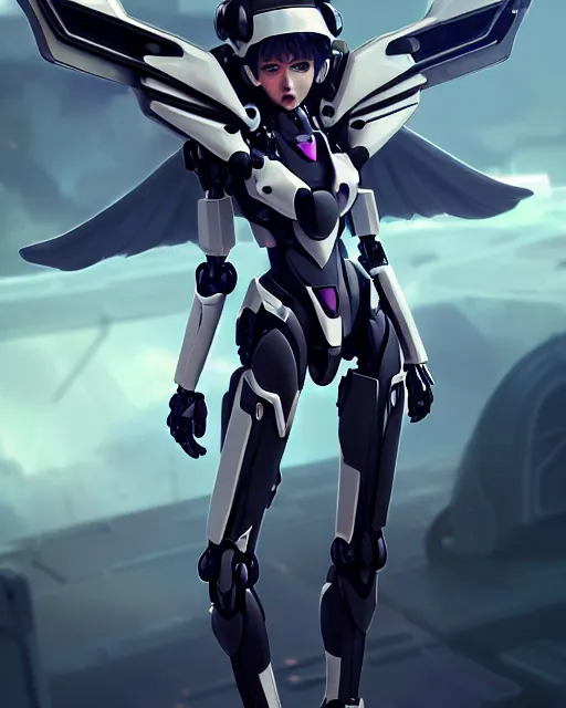 Image similar to uncropped stealthy feminine mecha ( with futuristic jet armor and wings ) with a heart visor helmet, symphogear, full body character portrait, hi - tech, trending on artstation, goth armor, digital painting, concept art, sharp focus, illustration, art by wlop and greg rutkowski