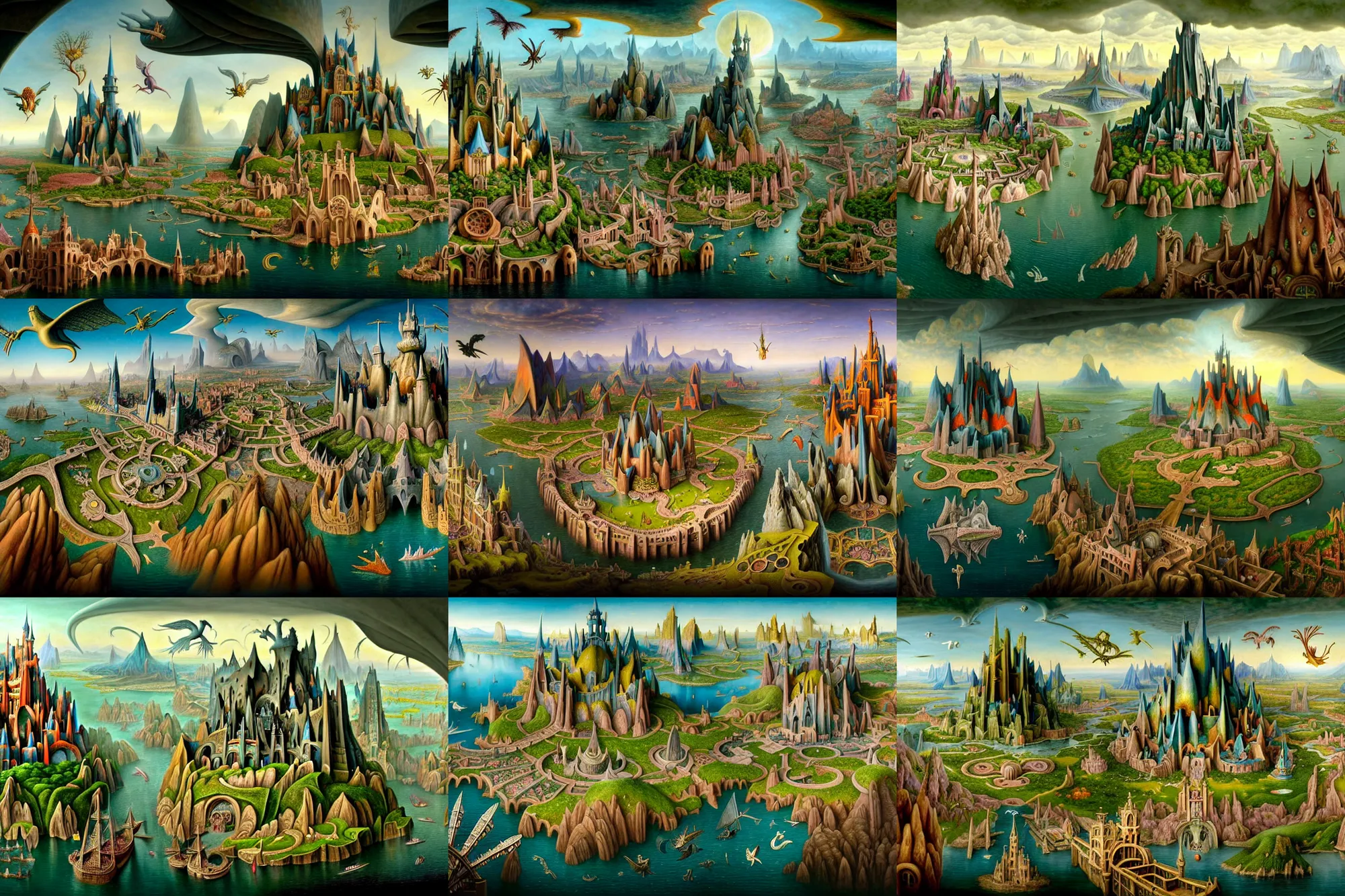 Prompt: a beautiful and insanely detailed matte painting of a magical mythical medieval sprawling city with surreal architecture and mythical flying creatures designed by Heironymous Bosch, mega structures inspired by Heironymous Bosch's Garden of Earthly Delights, ships in the harbor, by Jim Burns and Noah Bradley and Tyler Edlin, rich pastel color palette, masterpiece!!, grand!, imaginative!!!, whimsical!!, intricate details, sense of awe, fantasy realism, surreal landscape, complex composition!!