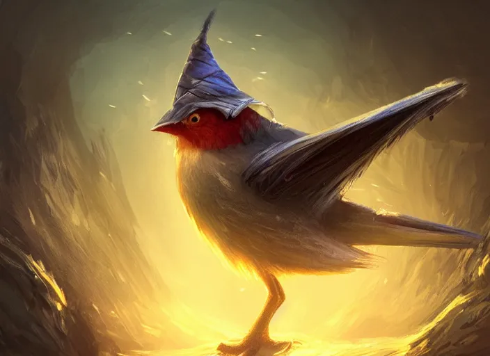 a bird wearing a wizard hat, D&D, fantasy, cinematic