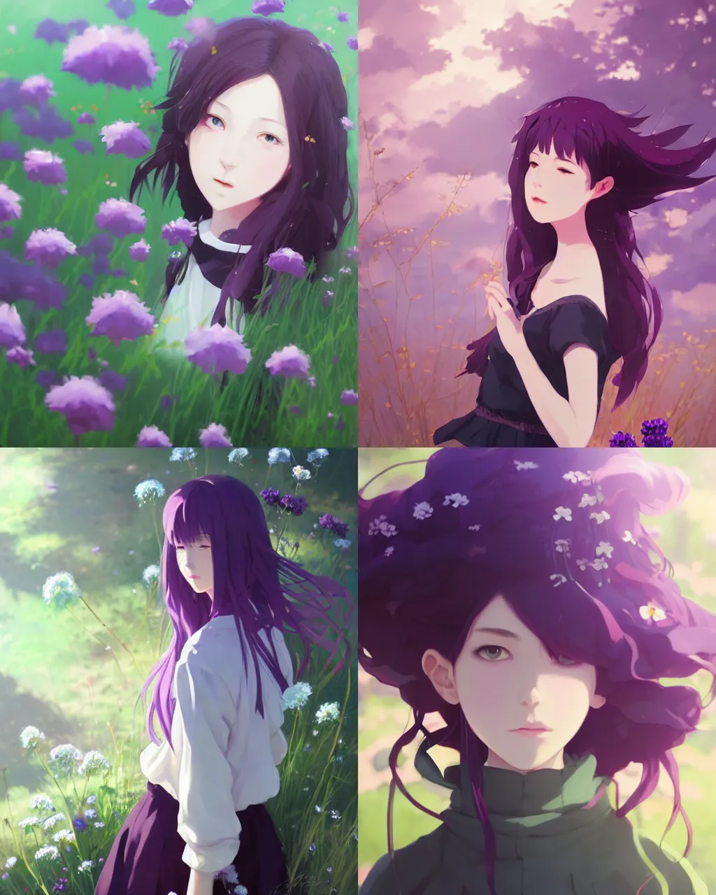 Image similar to girl with purple hair and black skirt, there are many flowers around, a beautiful portrait, top lighting, perfect shadow, soft painting, art by hidari and makoto shinkai and wenjun lin