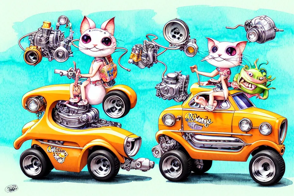 Prompt: cute and funny, margay riding in a tiny street rod with oversized engine, ratfink style by ed roth, centered award winning watercolor pen illustration, isometric illustration by chihiro iwasaki, edited by range murata, tiny details by artgerm and watercolor girl, symmetrically isometrically centered