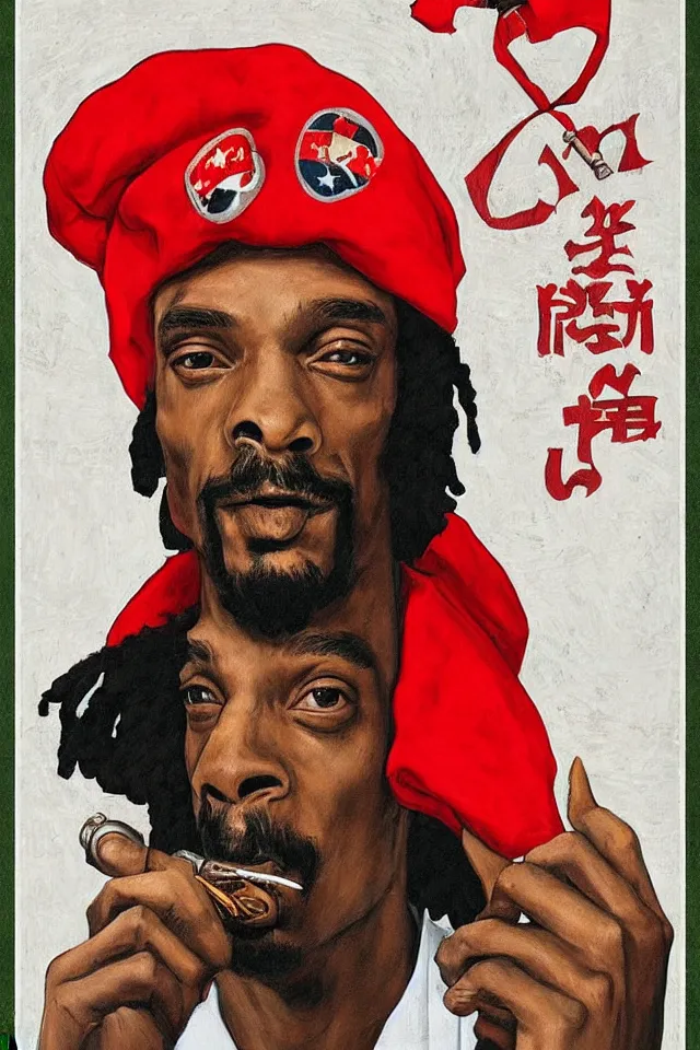 Image similar to an epic socialist realism poster of a singular communist snoop dogg in a red beret smoking a blunt for the proletariat