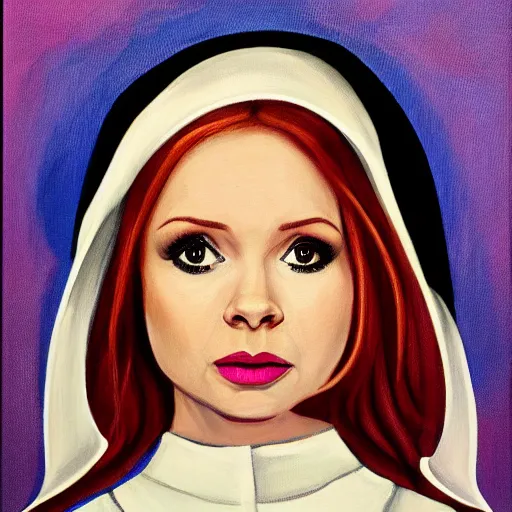 Prompt: karen gillian as a nun, painted by Edward Poyner