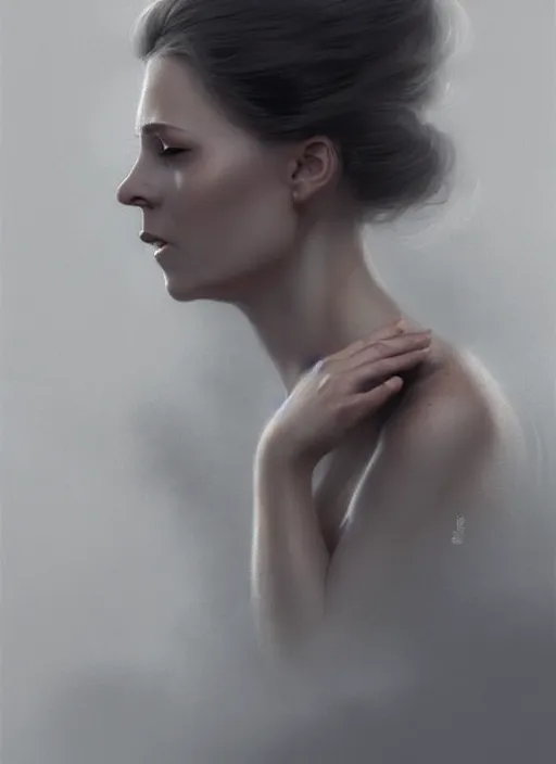 Image similar to portrait of finnish woman vanishhing slowly as an smoke to the air, realistic smoke, elegant, highly detailed, digital illustration, trending in artstation, trending in pinterest, glamor pose, concept art, smooth, sharp focus, art by artgerm and greg rutkowski