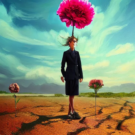 Image similar to giant carnation flower head girl, suit, desert, surreal photography, sunrise, dramatic light, impressionist painting, digital painting, artstation, simon stalenhag