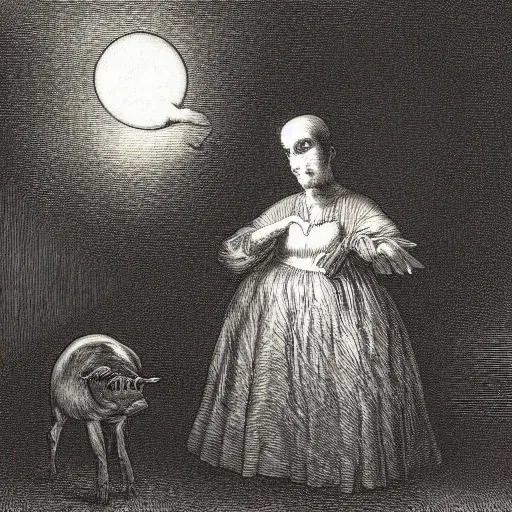 Image similar to pig, tuxedo, illustration by Gustave Doré, high detail, eerie, creepy, dark, night, misty, moon, chiaroscuro, film noir