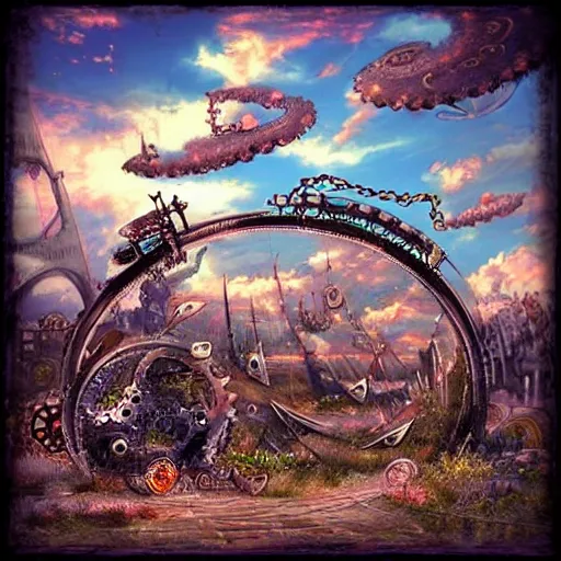 Image similar to giant ring of metal petals, steampunk, fantasy art, sky in the background, detailed, behrens style