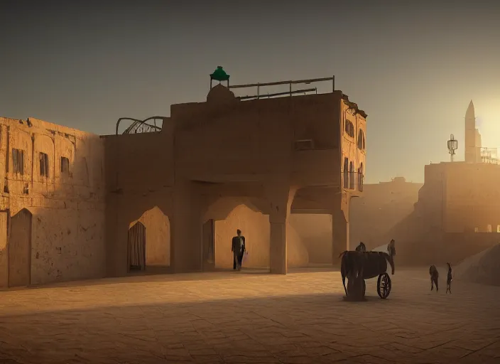 Prompt: old jeddah city alley, roshan, old shops, horse, magical glowing sand gateway to another dimension, several robots and a man wearing a white robe standing watching over, dramatic lighting, dawn, by caspar david friedrich, unreal engine 5