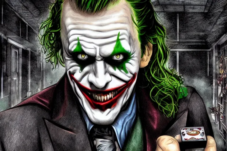 Prompt: a photo of the joker playing on a nintendo dsi in arkham asylum, photorealistic, dark cell background