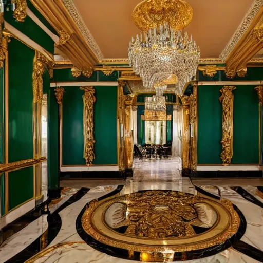 Image similar to a realistic photo of a large lavish victorian style mansion entrance hall made entirely of malachite with golden accents on the walls, and a dark marble floor; cinematic lens, 8K award-winning photo