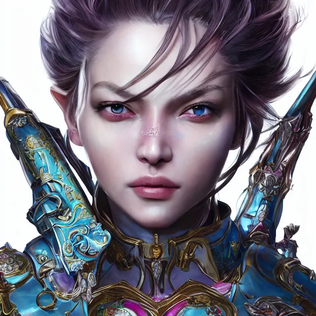 Image similar to studio portrait of lawful good colorful female holy mech paladin as absurdly beautiful, elegant, young sensual pretty woman, ultrafine hyperrealistic detailed face illustration by kim jung gi, irakli nadar, intricate linework, sharp focus, bright colors, matte, octopath traveler, final fantasy, unreal engine highly rendered, global illumination, radiant light, intricate environment