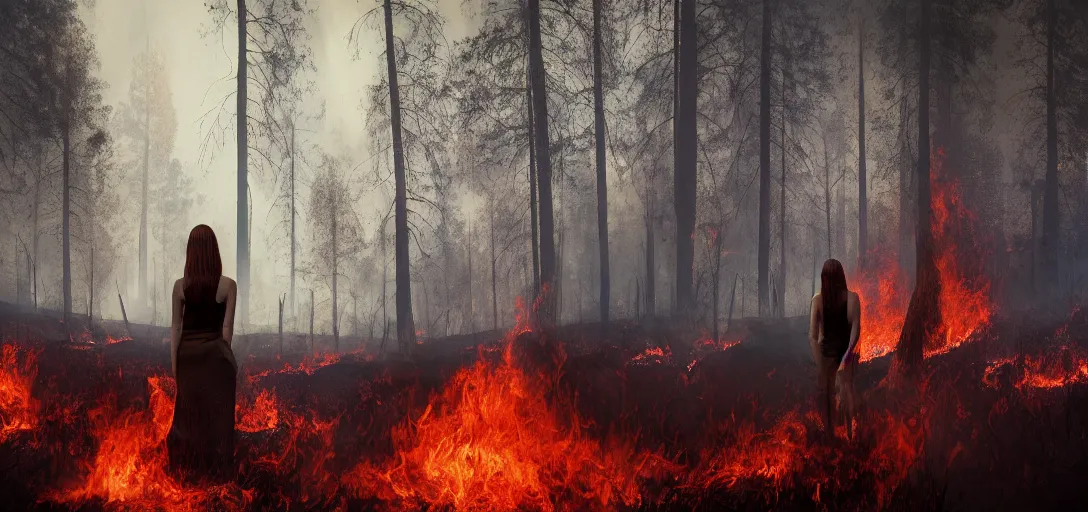 Prompt: Young woman looking at a forest fire, deep burning forest, smoke on the ground, Bleak. horror, scary Dark mood. Mysterious. Doom. Realistic painting. photobashing, matte painting, highly detailed, uhd, 8k,