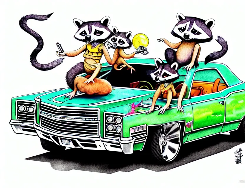 Prompt: cute and funny, racoon riding in a 1 9 6 9 chevrolet impala with oversized engine, ratfink style by ed roth, centered award winning watercolor pen illustration, isometric illustration by chihiro iwasaki, edited by range murata, tiny details by artgerm and watercolor girl, symmetrically isometrically centered