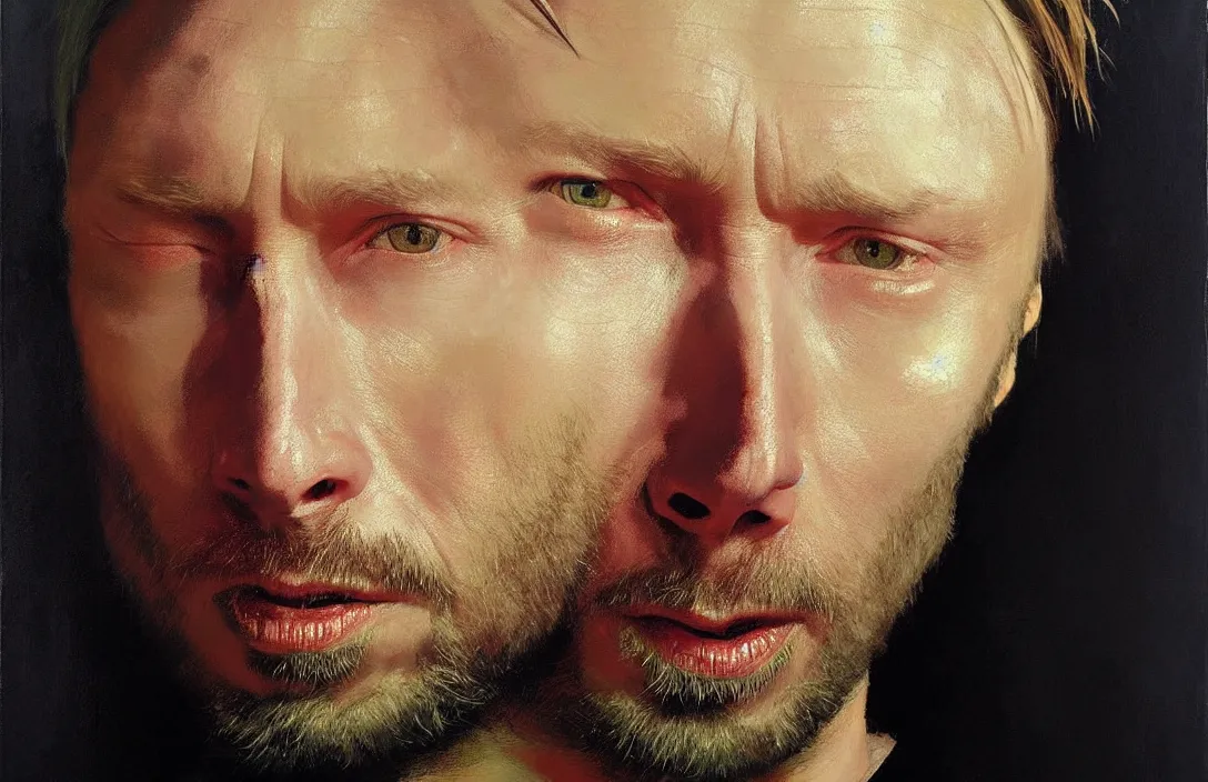 Prompt: portrait of thom yorke!!!!!!!!!!!!!!!!!!!!!!!!!!!, detailed face, detailed painting, epic lighting, by ilya repin, phil hale and kent williams