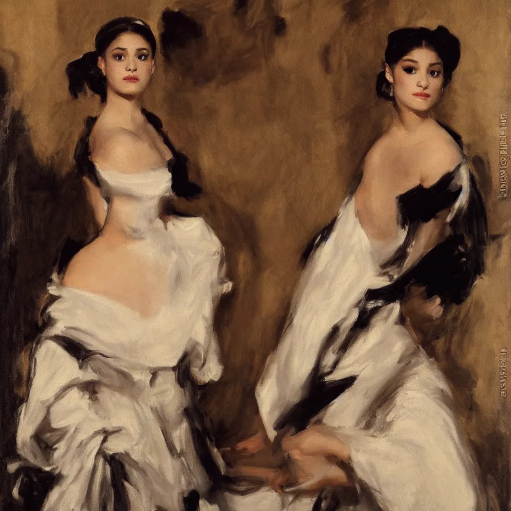 Image similar to portrait, sensual depiction of ariana grande in a toga, black eyes, by john singer sargent