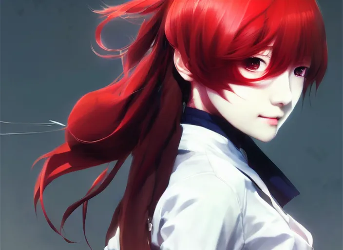 Image similar to kasumi yoshizawa from persona 5 anime, red hair, white school uniform, intricate, sharp focus, illustration, highly detailed, digital painting, concept art, matte, art by ruan jia and wlop and greg rutkowski, masterpiece