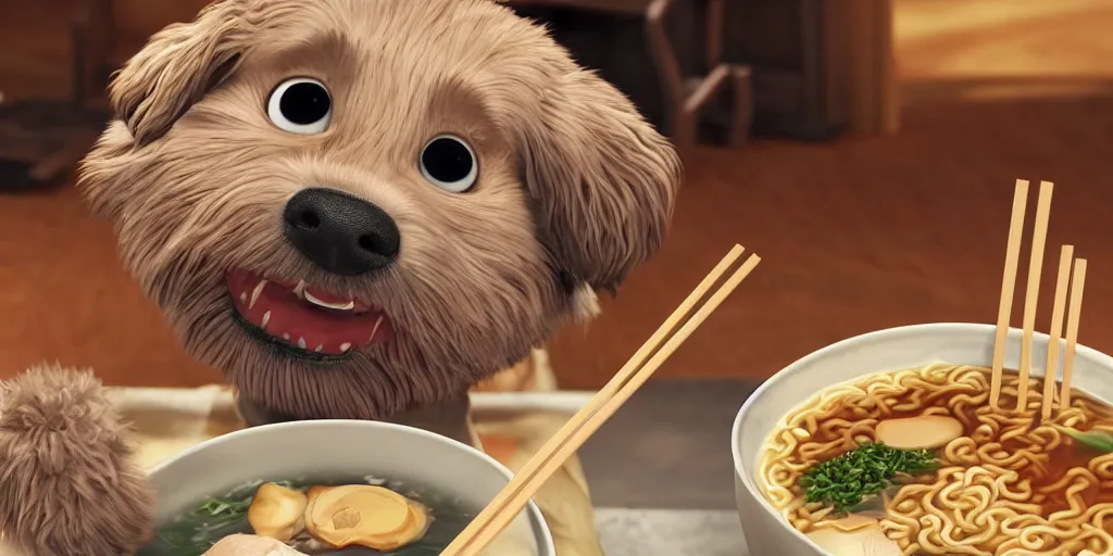 Image similar to A happy dog holding chopsticks and eating a bowl of ramen, hyper realistic, insane detail, Pixar