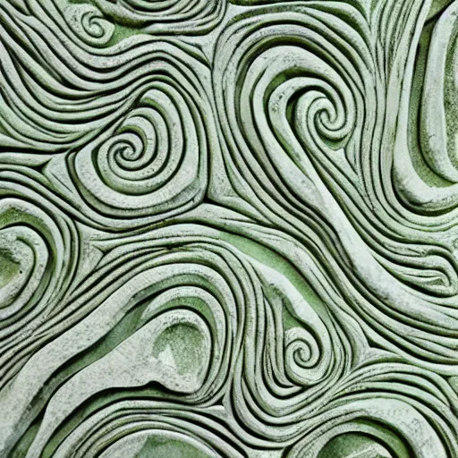 Prompt: thin lines, fractals, lichen macro, serpentine twisty maze, carved soapstone ceiling relief paneling white and pale green
