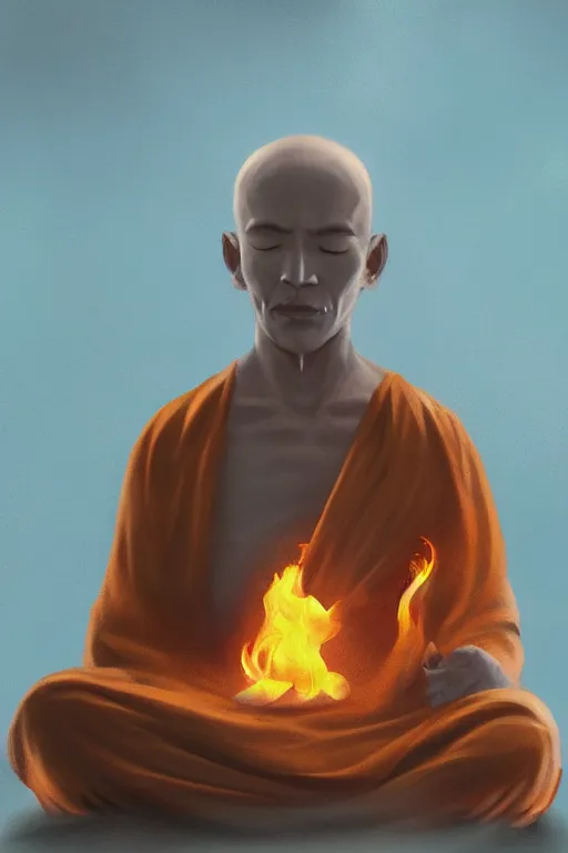 Image similar to A single monk meditating in flames by Afshar Petros, Trending on artstation.