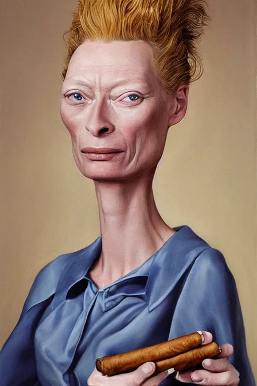 Prompt: a photorealistic caricature portrait of tilda swinton as assumpta corpuscularia lapislazulina smocking a cuban cigar by salvador dali and john currin, oil painting, surrealism, masterpiece!!, hyperdetailed, centered, symmetric, funky