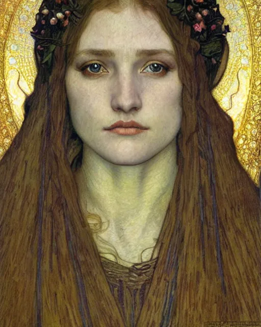 Image similar to detailed realistic beautiful young medieval queen face portrait by jean delville, alphonse mucha, vincent van gogh, and marco mazzoni, art nouveau, symbolist, visionary, gothic, pre - raphaelite