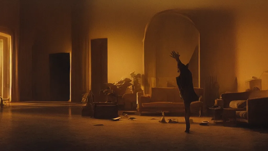 Image similar to the giant hand reaches inside our living room, film still from the movie directed by Denis Villeneuve with art direction by Zdzisław Beksiński, wide lens, golden hour