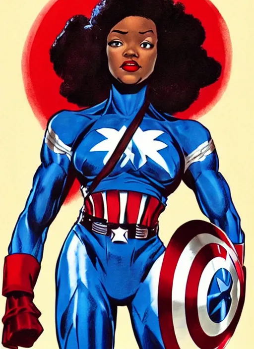 Image similar to beautiful black female captain america. afro - feminist captain america wins wwii. american wwii propaganda poster by james gurney, rob liefeld and pixar. gorgeous face. overwatch, realistic. black power