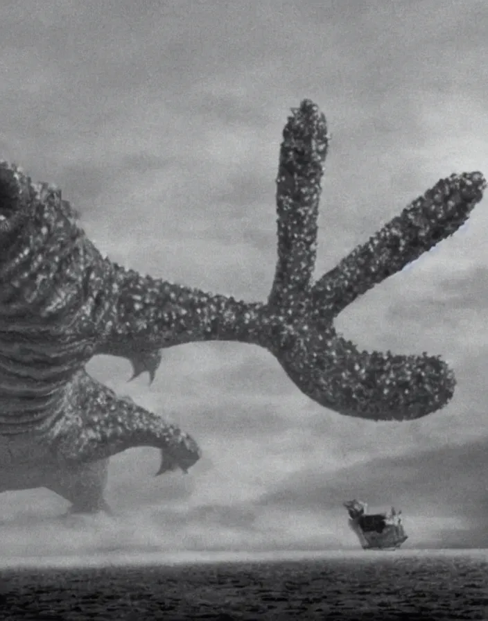 Image similar to a filmstill of a north korean monster movie, kaiju - eiga monster starfish - like trampling a traditional korean palace, foggy, film noir, video compression