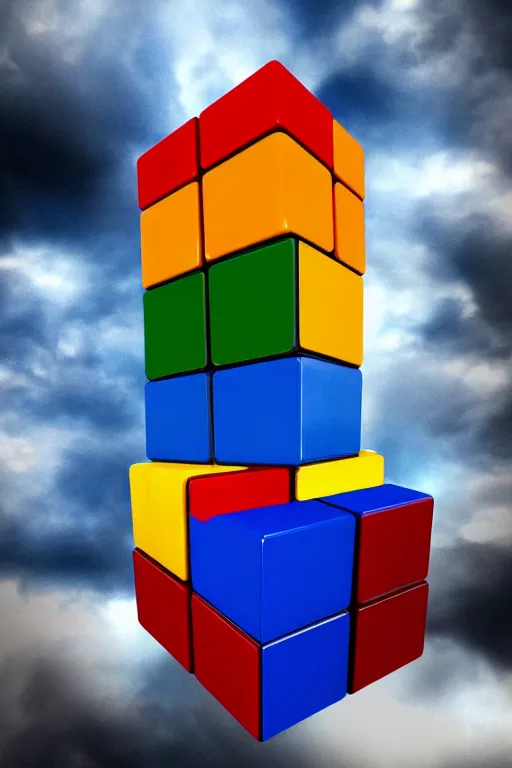 Prompt: an elaborate surreal tower of Rubik's cubes rising into the clouds, concept art, 4k