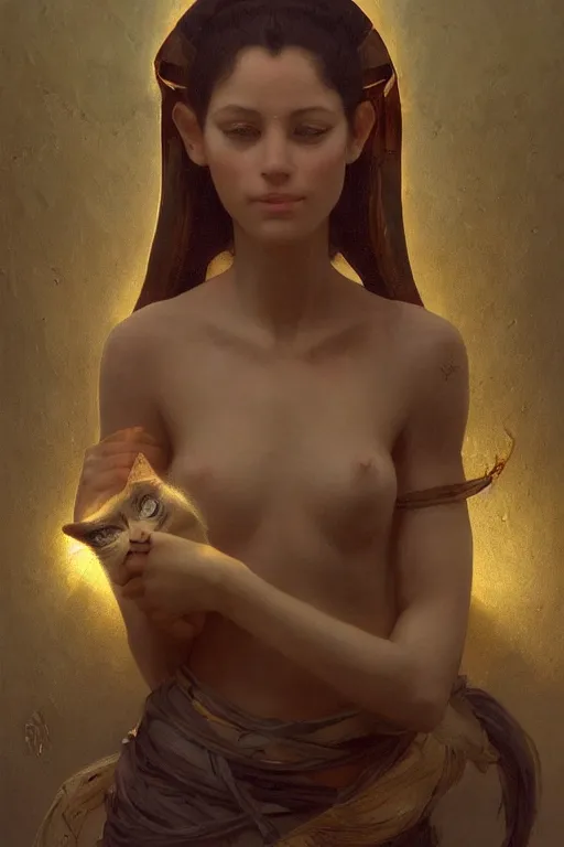 Image similar to soft light portrait of the beautiful egyptian goddess, bastet, bast, woman / cat hybrid, soft torchlight in an egyptian tomb, digital art by ruan jia and mandy jurgens and artgerm and william - adolphe bouguereau, by jean - leon gerome, highly detailed, trending on artstation, award winning,